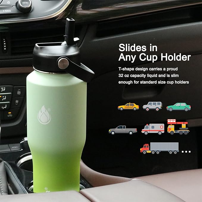 SENDESTAR Water Bottle 32oz,2 Lids(Straw lid),Wide Mouth Stainless Steel Vacuum Insulated Double Wall Keep Liquids Cold or Hot All Day,Sweat Proof Sport Design,Fit Car Cup Holder(Neon)