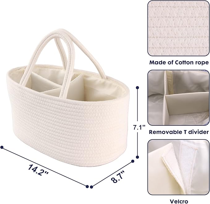 Baby Diaper Caddy Organizer for Girl Boy Cotton Rope Nursery Storage Bin Basket Portable Holder Tote Bag for Changing Table Car Travel Baby Shower Gifts Newborn Essentials Registry Must Haves White
