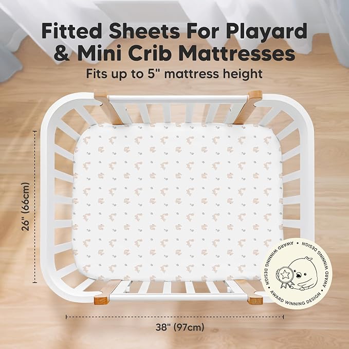 Pack and Play Sheets Fitted, 2-Pack Mini Crib Sheets - Pack N Play Sheets, Organic Fitted Crib Sheet for Pack and Play Mattress, Playard Baby Crib Sheets,Crib Sheets Neutral for Boys (Nibbles/Bruce)