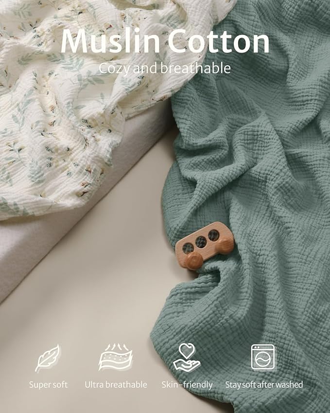 Blissful Diary Muslin Crib Sheets for Girl Boy, Boho Neutral Soft Cotton Baby Sheet for 52''x28'' Standard Crib Mattress, 1 Pack(Roman Green)