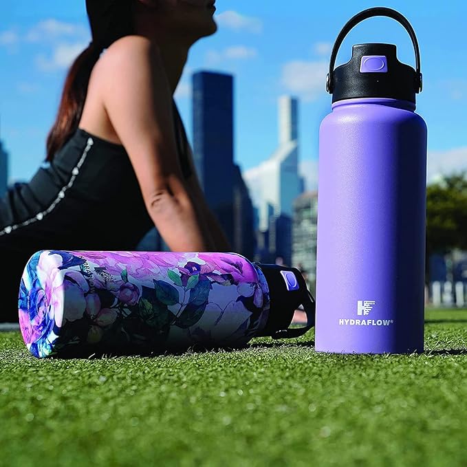 Hydraflow Hybrid - Triple Wall Vacuum Insulated Water Bottle with Flip Straw (34oz, Powder Aqua) Stainless Steel Metal Thermos, Reusable Leak Proof BPA-FREE for Sports and Travel