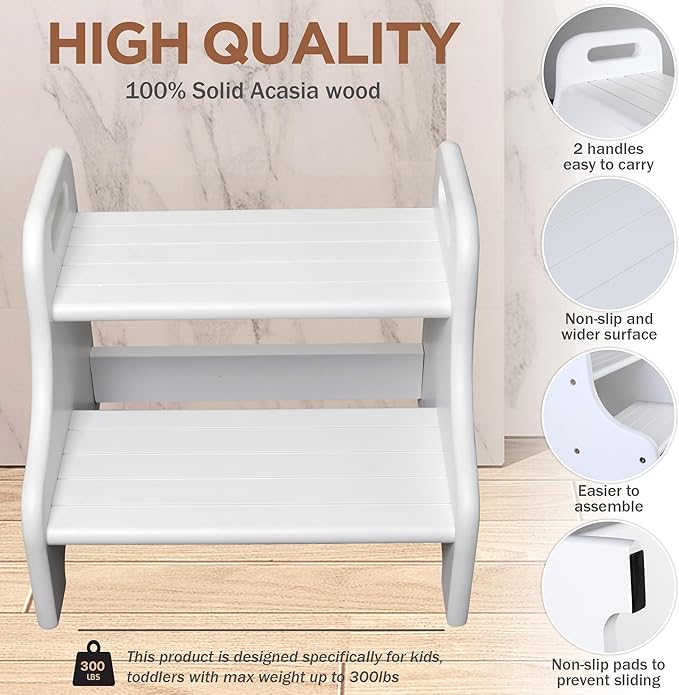 Wooden Step Stool for Kid Toddler, Potty Training for Children with 2 Built-in Handle 300lbs Load Capacity, Acacia Foot Stool Helps Your Kid Independently for Brushing, Grabbing Things (White)