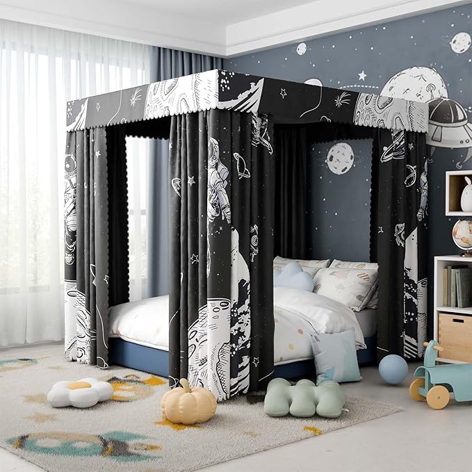 Astronaut Canopy Bed Curtains - 4 Corner Post Bed Curtains Canopy Full Bed Canopy Curtains for Children Girls Bedroom Decoration(Astronaut, Full)