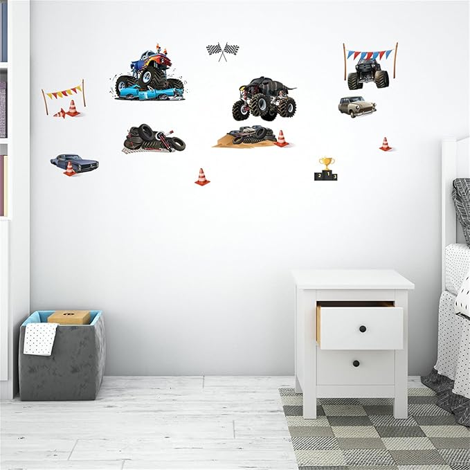 Racing Car Wall Stickers Monster Truck Vehicles Peel and Stick Wall Art Decals for Boys Room Kids Bedroom Playroom (Style2)