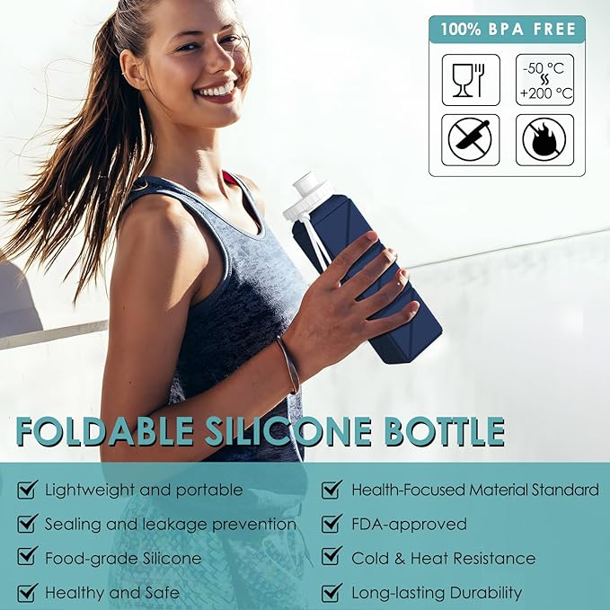 Collapsible Water Bottles,BPA-Free Leak-Proof Silicone Foldable Water Bottle Cup 20.6oz,Durable Lightweight Bottle for Gym Travel Camping Hiking Running (Navy Blue)