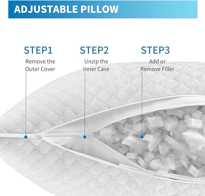Shredded Memory Foam Pillows, Bed Pillows King Size Set of 2, Cooling Pillows for Sleeping, Adjustable Firm Pillows for Side Back and Stomach Sleepers, Bed Pillows with Washable Removable Cover