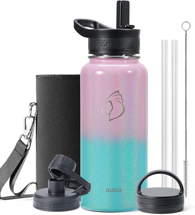 BUZIO Water Bottle with Straw lid, Spout Lid, Hand Lid and Carrying Pouch, 32oz 40oz 64oz Stainless Steel Water Flask Jug, Cold for 48 Hrs Hot for 24 Hrs Double Vacuum Thermo Canteen Mug, BPA-Free