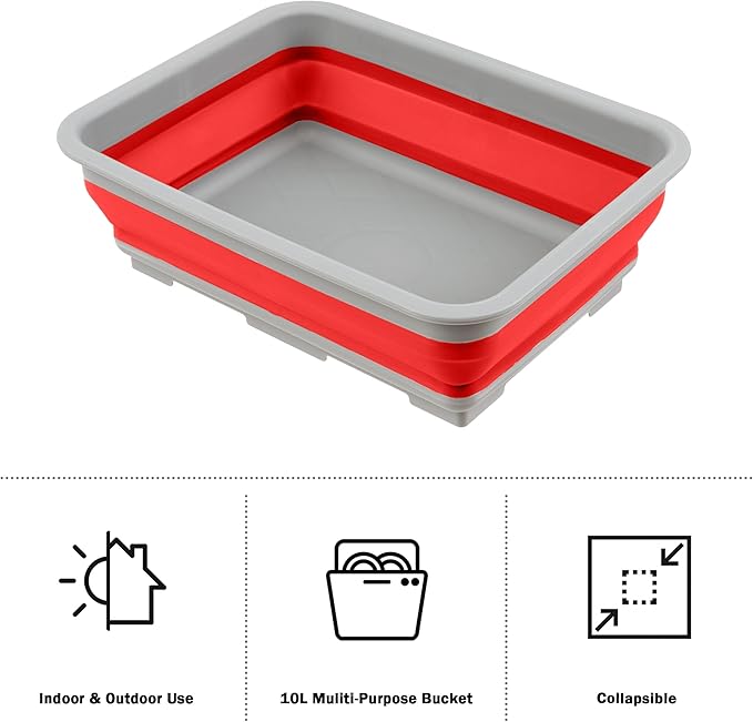 Set of 2 Multipurpose Wash Bins – 10-Liter Basins for Camping, Parties, or Cleaning – Collapsible Bucket Set by Wakeman (Red)
