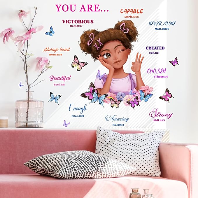 Black Girl Magic Wall Decor Bible Verses Wall Decals for Girls Bedroom Princess Wall Stickers & Murals Peel and Stick Removable Vinyl Butterfly Wall Decals for Children Kids Room Playroom Nursery