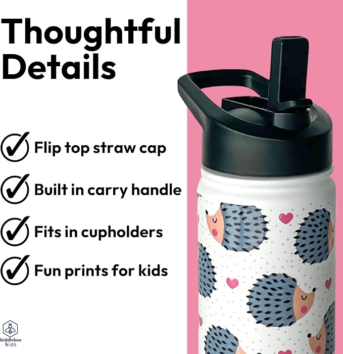 Biddlebee Kids Water Bottle with Straw Lid | 14oz Insulated Stainless Steel Reusable Bottles for School | Leak Proof Cap with Handle & Touch Free Spout | Great for Boys & Girls