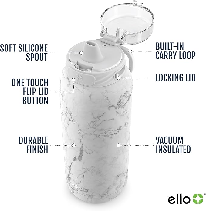 Ello Cooper 22oz Stainless Steel Water Bottle with Straw and Carry Handle, Double Walled and Vacuum Insulated Metal, Leak Proof Locking Lid with Soft Silicone Spout, Reusable, BPA Free, White Marble