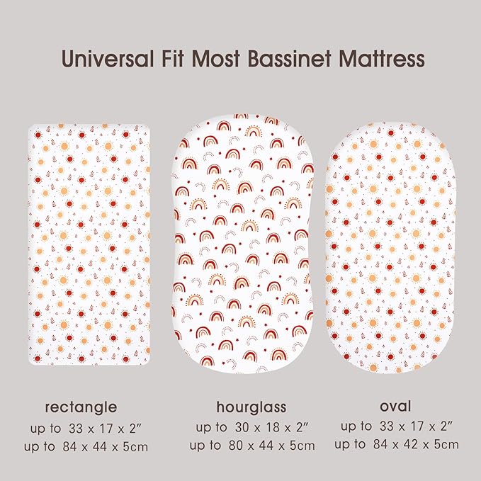 PHF Soft Bassinet Sheet Set, 2 Pack Silky Comfy Breathable Cradle Sheets for Baby Boys Girls, Univeral Fit for Most Oval Rectangle Cradle and Bassinet Mattress/Pad, Rainbow