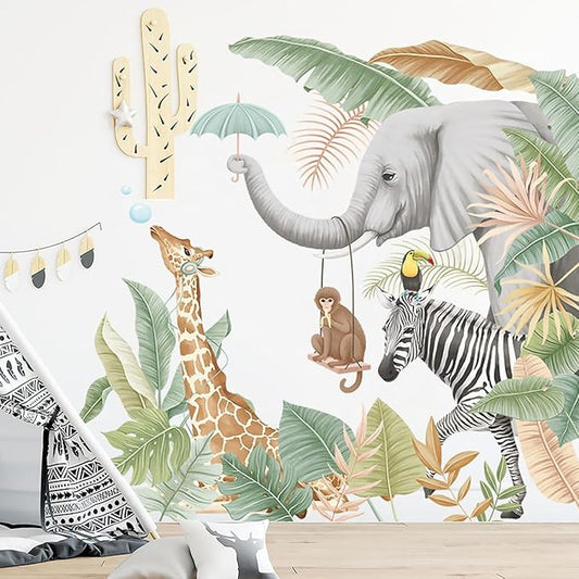 Jungle Animals Wall Stickers Wildlife Giraffe Elephant Monkey Zebra Wall Decals Tropical Plants Wall Decor for Kid Girl Baby Room Stickers Peel and Stick Wall Art Home Decor Living Room Bedroom