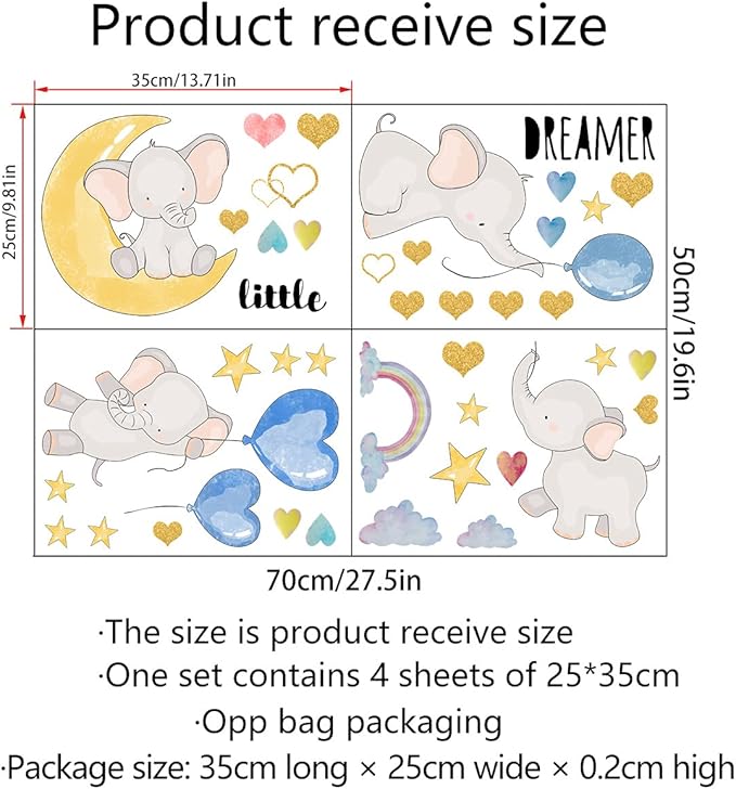 Cartoon Elephant Wall Stickers Moon Stars Balloons Rainbow Wall Decals Cute Animal Wall Decor for Kids Room Bedroom Living Room Wall Background Decor