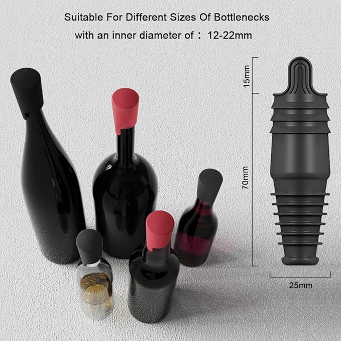 Silicone Wine Stopper Reusable Wine Bottle Stopper, 8Pcs Champagne Stoppers for Bottles, Food Grade Rubber Wine Stoppers for Wine Bottles (Black)