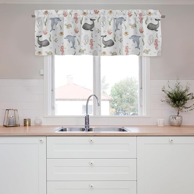 Sea Animals Valances 54''x18'' Whale Dolphin Jellyfish Sea Horse Turtle Fish Coral Kids Toddler Baby Nursery Bedroom Decor Drapes Rod Pocket Short Curtains for Living Room Bathroom Kitchen 1 Pack