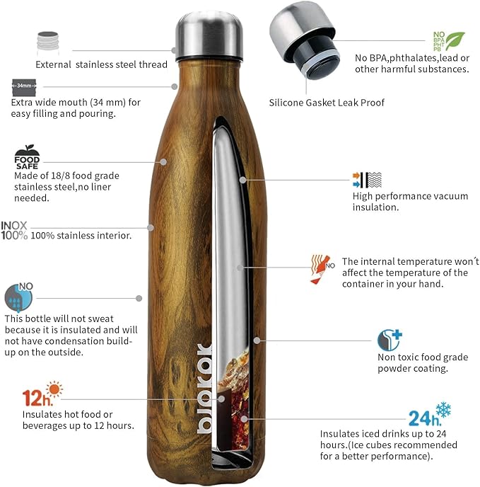 BJPKPK Stainless Steel Water Bottles -25oz/750ml -Insulated Water Bottles,Sports Water Bottles Keep Cold for 24 Hours and Hot for 12 Hours,BPA Free Water Bottle,Teakwood