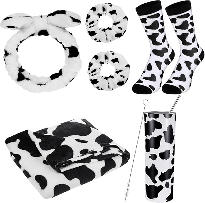 Uiifan 6 Pcs Mothers Day Gifts Cow Themed Gifts Sets for Women 20 oz Cow Stainless Steel Tumbler with Lids and Straws Cow Throw Blanket Socks Birthday Gifts for Woman Cow Lovers (Black Cow)