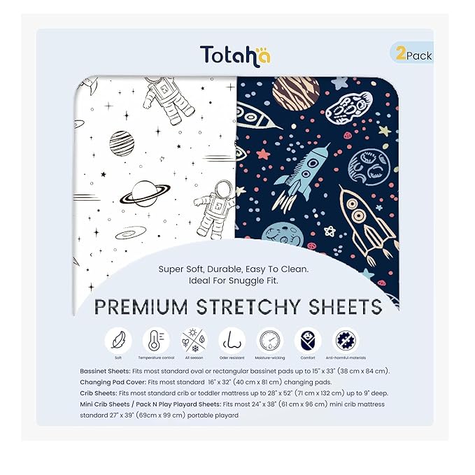 TotAha Premium Soft Space Bassinet Sheet for Boy Girl, Super Stretchy Jersey Knit Bassinet Fitted Sheet, Compatible with Halo, Maxi COSI, Mika Micky, SNOO, Baby Delight Mattress, 2 Pack