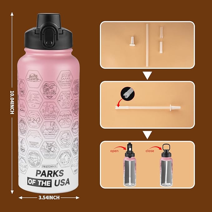 National Parks Water Bottle with Stickers and Straw,32oz Double Wall Vacuum Wide Mouth Insulated Water Bottle for Travel,BPA-free and Leak-proof (32oz,Pink White)
