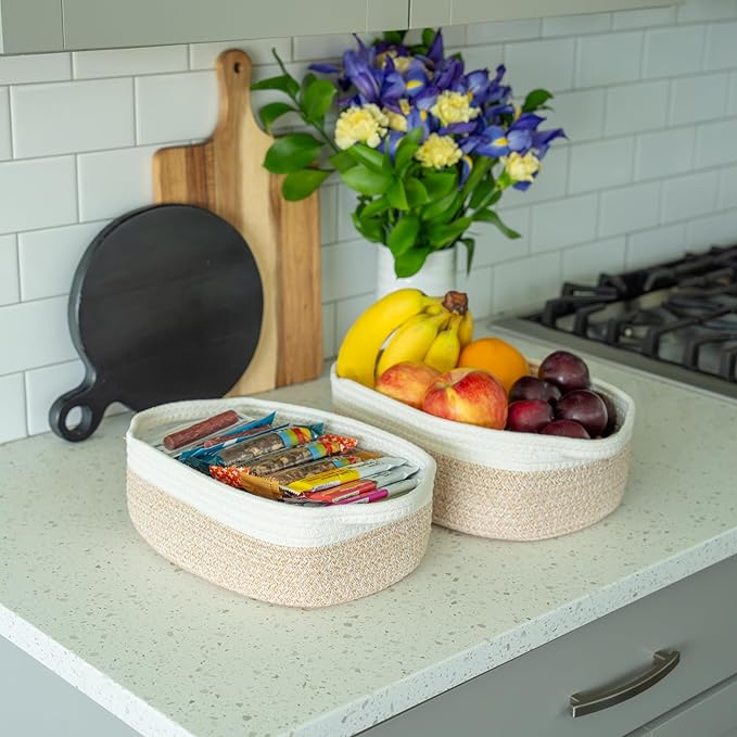 OrganiHaus Set of 5 Rectangle Bathroom Storage Baskets for Organizing, Small Woven Baskets for Storage Basket for Bathroom, Nursery Storage Basket for Baby Nursery Organization, Cute Bin, Honey/White