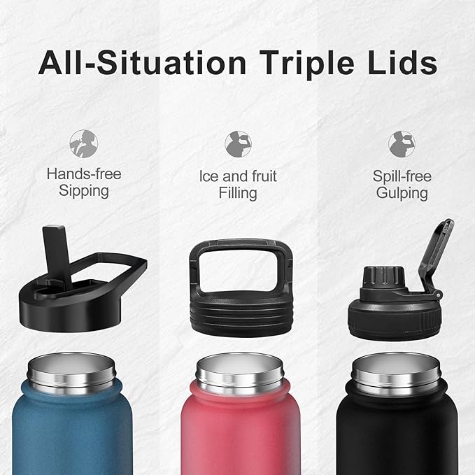 32oz Insulated Water Bottle with 3 Lids(Straw, Hand and Spout Lid), Double Vacuum Stainless Steel Metal Water Flask(BPA-free, CPC) for Sports, Camping, Hiking, Cycling, Fitness and more(Dark Rainbow)