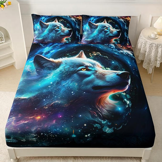 AILONEN Wolf Fitted Sheet Set Full Size, Space Galaxy Wolf Bed Sheet Set for Boys Girls,Howling Wolf Safari Wolf Breathable Fitted Sheet and 2 Pillowcases,3 Pieces