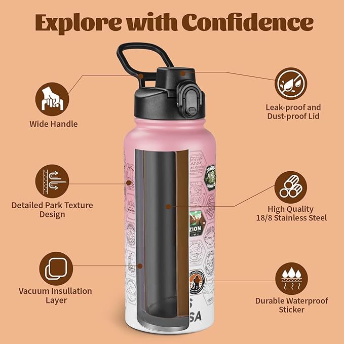 National Parks Water Bottle with Stickers and Straw,32oz Double Wall Vacuum Wide Mouth Insulated Water Bottle for Travel,BPA-free and Leak-proof (32oz,Pink White)