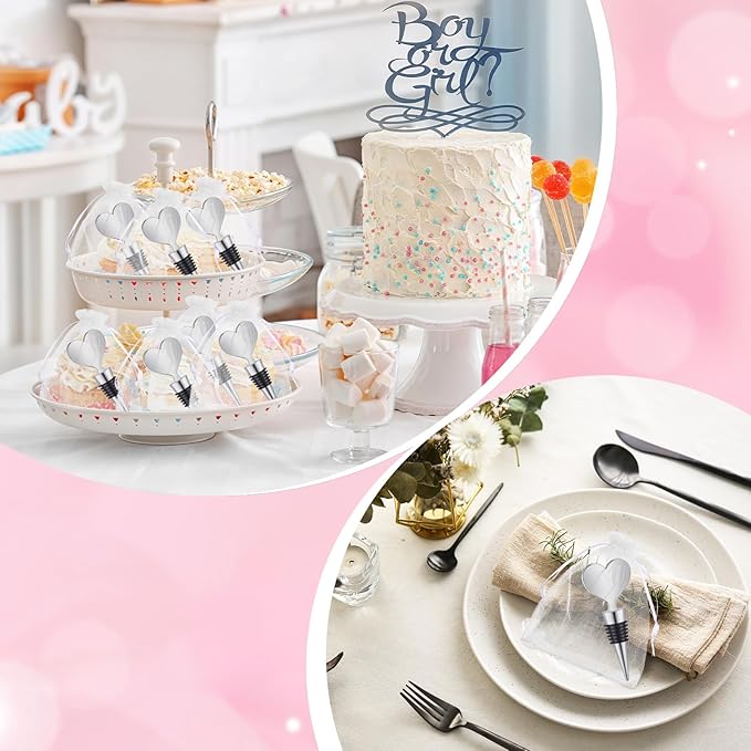 Blank Heart Shape Wine Stopper Stainless Steel Beer Stopper Blank Board Stopper with White Sheer Organza Bags Wedding Favor for Guests Wine Party Gifts Bridal Shower(Silver,24 Sets)