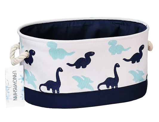 LANGYASHAN Oval Storage Basket Collapse Canvas Fabric Cartoon Storage Bin with Handles for Organizing Home Kitchen Boys and Girls Toy Office Closet Shelf Baskets (Dinosaur)