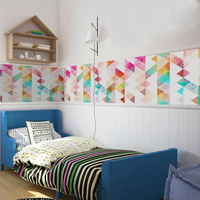 Amaonm Removable 15.8 x 98.4inch Rainbow Colorful Geometry Triangle Wall Decals DIY Wallpaper Wall Stickers Murals Decor for Kids Children Babys Girls Bedroom Teens Nursery Living Room Door Desk Decoration (Triangle)