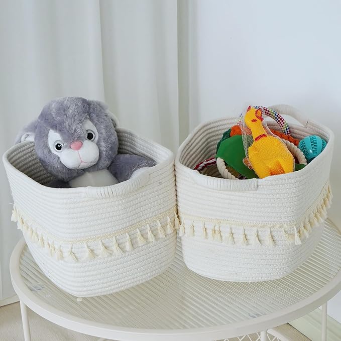 TeoKJ White Cotton Ropen Baskets for Storage, Set of 3 Woven Clothes Basket for Organizing and Storage, Blanket Basket for Living Room Laundry Bathroom Shelves