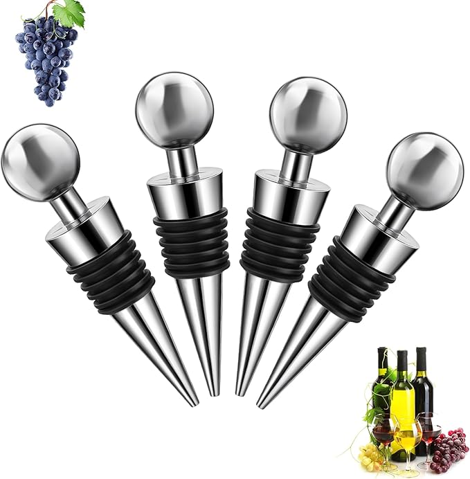 4 Set Wine Stoppers Vacuum Aluminium Silicone Wine Bottle Stopper Reusable, Leak-Proof Wine Corks Caps for Bar, Party, Camping, And Wedding