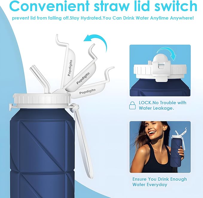 2pack Collapsible Water Bottles Reusable Leak Proof Silicone Water Bottle BPA Free Durable Foldable Sports Bottles & straw 23oz Lightweight Bottle for Gym Hiking Biking Camping Travel Bottle