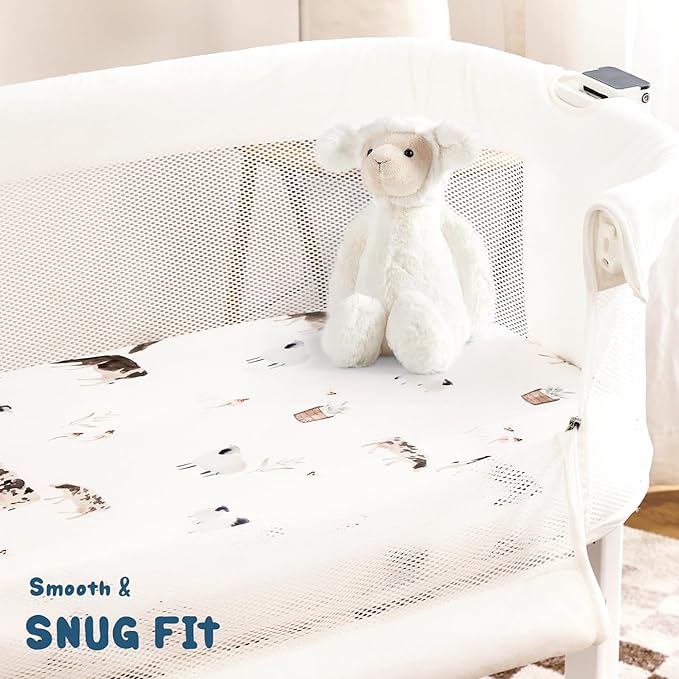 Stretchy Ultra Soft Fitted Bassinet Sheet Set 3 Pack, Universal Fit for Bassinets Baby Cradle Moses Basket Oval Rectangle Mattress Safe and Snug, Cute Watercolor Cows and Birds Print