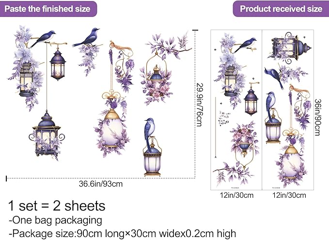 Removable 3D DIY Hanging Flowers Wall Decal Floral and Lamp Wall Sticker Peel and Stick Flower Vine Wall Decor for Kids Girls Bedroom Nursery Living Room Background Decoration (Purple)