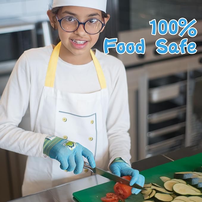 Schwer 2 Pairs MINI-KIDDO Kids Garden Gloves MN1917, ANSI A6 Kids Cutting Gloves, Food Grade Kids Cooking Gloves Cut Resistant for Gardening, Wood Carving, Whittling, Kitchen and DIY (S, 9–14 Years)