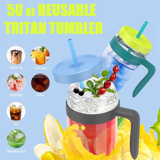 Tronco 50 oz Tritan Plastic Tumbler with Lid and Straw, BPA-Free Reusable Clear Water Bottle with Time Marker, 100% Leak Proof & Wide Mouth for Iced Coffee, Juice, Bubble Tea, Smoothies