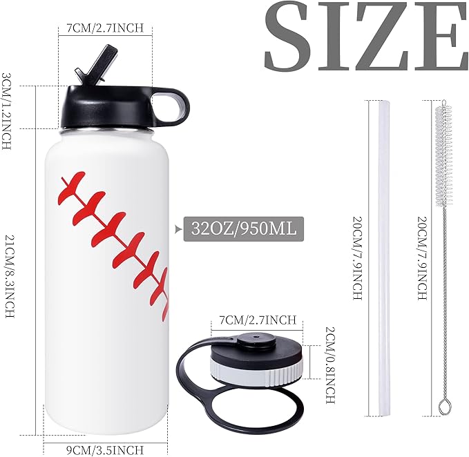 40oz Wide Mouth Baseball Water Bottle with Two Lids(Straw, Handle Lid), 18/8 Stainless Steel Vacuum Insulated for Travel & Sport Cup. (Baseball White, 40oz)