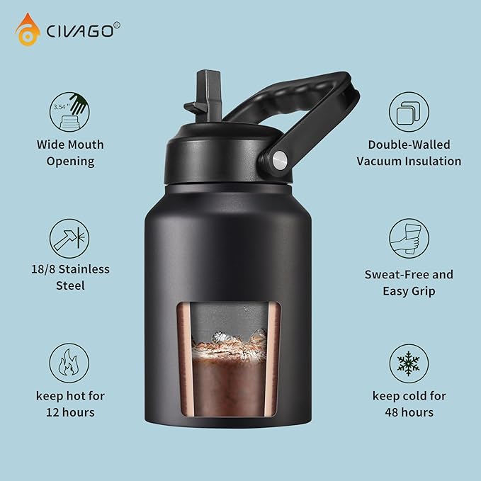 CIVAGO Gallon Insulated Water Bottle Jug with Straw, 128 oz Large Stainless Steel Sports Metal Water Canteen with Handle, Big Thermal Water Cup Mug with 2 Lids for Camping & Fishing, Dark Rainbow