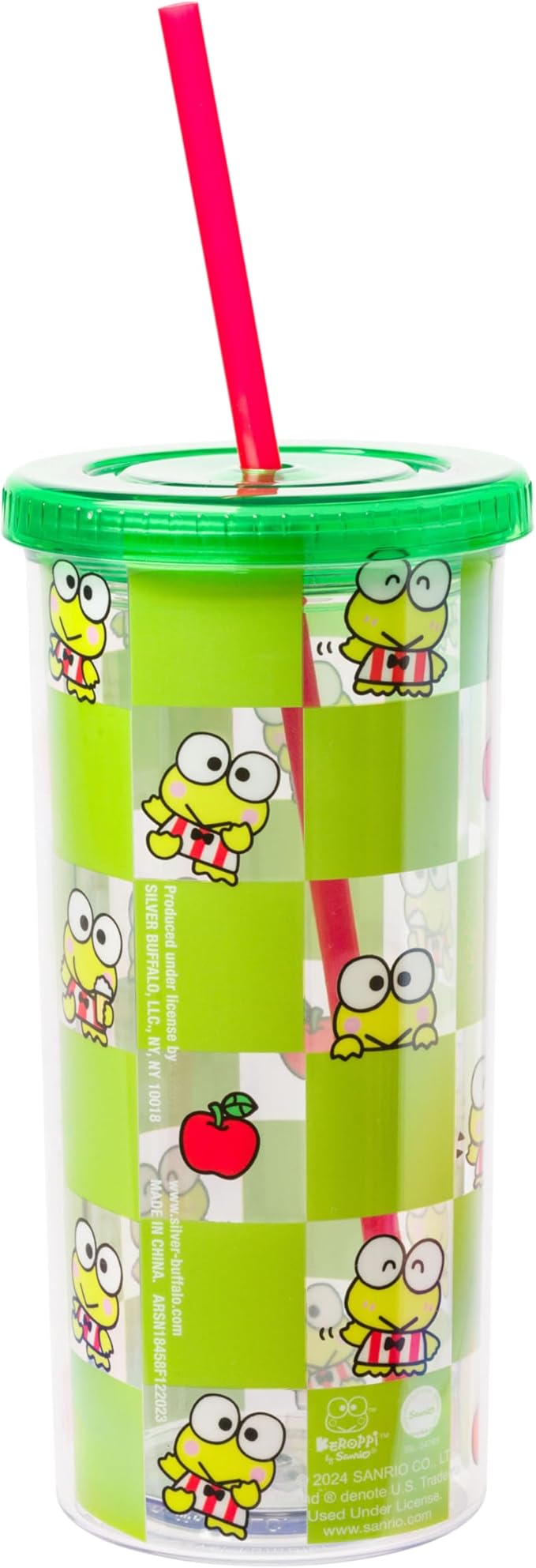 Silver Buffalo Sanrio Hello Kitty and Friends Keroppi Green Checkered Plastic Cold Cup with Lid and Straw, 20 Ounces