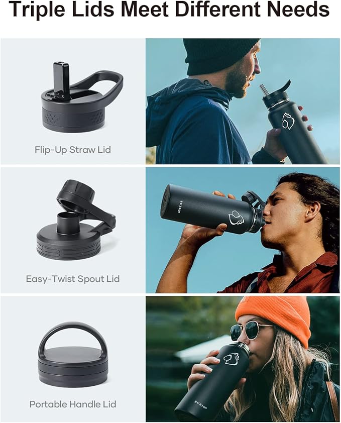 BUZIO Water Bottle with Straw lid, Spout Lid, Hand Lid and Carrying Pouch, 32oz 40oz 64oz Stainless Steel Water Flask Jug, Cold for 48 Hrs Hot for 24 Hrs Double Vacuum Thermo Canteen Mug, BPA-Free