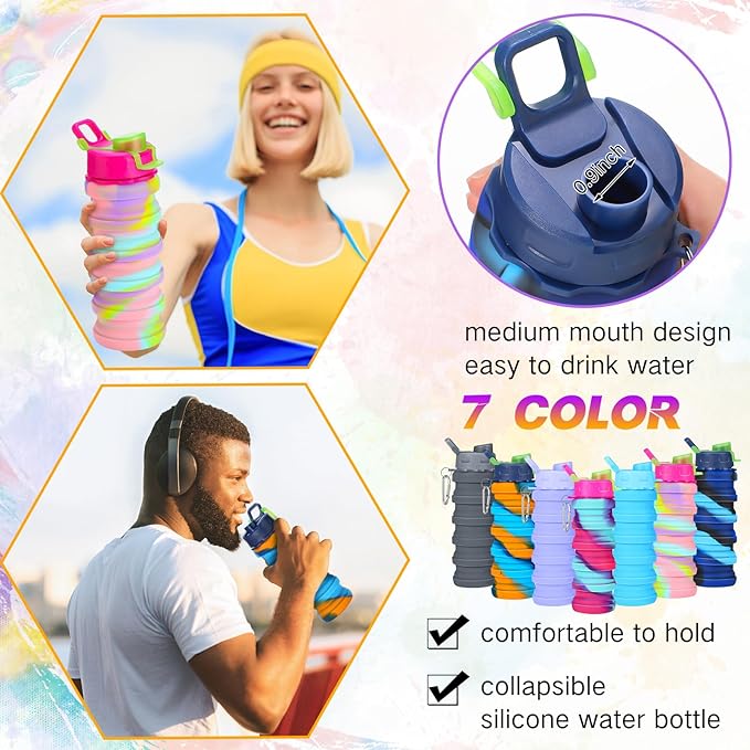 Sunnyray 20 Pack Collapsible Water Bottles 17oz Silicone Portable Water Bottle Bulk Foldable Leak Proof Water Bottle Reusable Camouflage Sports Bottles with Clip for Travel Hiking Camping Outdoor
