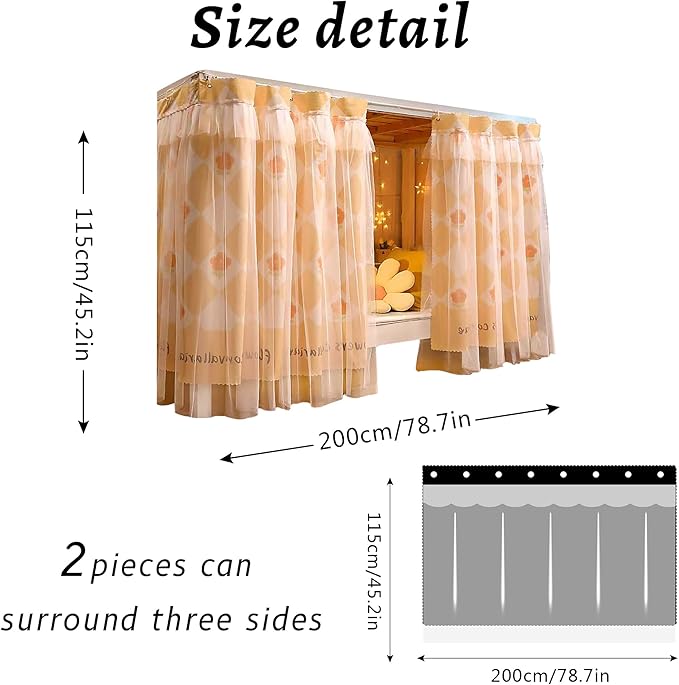 Hoce Bunk Bed Curtain Gauze Bunk Bed Curtains Drapes with Lace Privacy Dorm Bed Canopy for Bottom Twin, 2 Panels