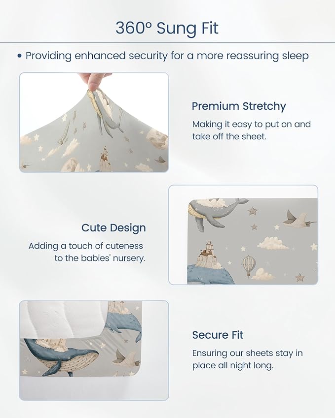 Premium Fitted Baby Boy Crib Sheets for Standard Crib Mattress - Ultra-Soft Jersey Knit Crib Mattress Sheet, Safe and Snug, Durable, Stylish Crib Sheet, 28''x52''x9'' Extra Deep Pocket (Whale Dreams)