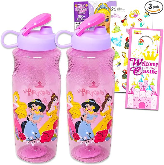 Disney Princess Water Bottle Set for Kids – Bundle with 3 Disney Princess Drinking Bottles, Stickers, and More | Princess Drinking Cups