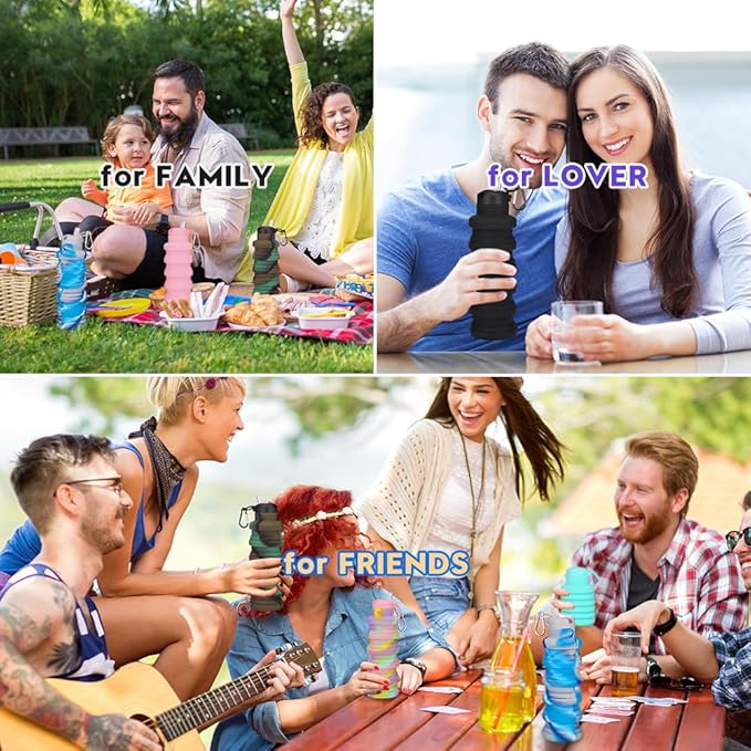 Collapsible water bottles 2 Pack with brush,BPA Free Travel Silicone Water Bottle with Carabiner,Reusable Foldable Portable Lightweight Sports bottles for Gym Camping Hiking (Pink+Aqua blue)