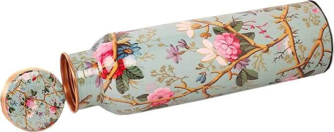 Pure Copper Water Bottle - Handcrafted - Ayurveda health benefits - Large 35 oz - Leak proof - Easy to carry for Sports, Fitness, Yoga, School - Sky Blue Base Floral Vines Colorful Enamel