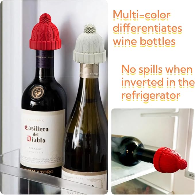 Silicone Wine Bottle Stopper, Reusable Wine Saver to Keep Wine Sealed/Fresh, Fun Wine Stoppers with Knitted Hat Design, Great Choices for Wine Lovers - Standard Bottles Are Applicable(Red)