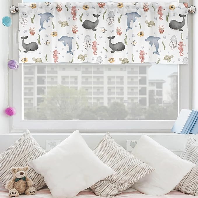 Sea Animals Valances 54''x18'' Whale Dolphin Jellyfish Sea Horse Turtle Fish Coral Kids Toddler Baby Nursery Bedroom Decor Drapes Rod Pocket Short Curtains for Living Room Bathroom Kitchen 1 Pack